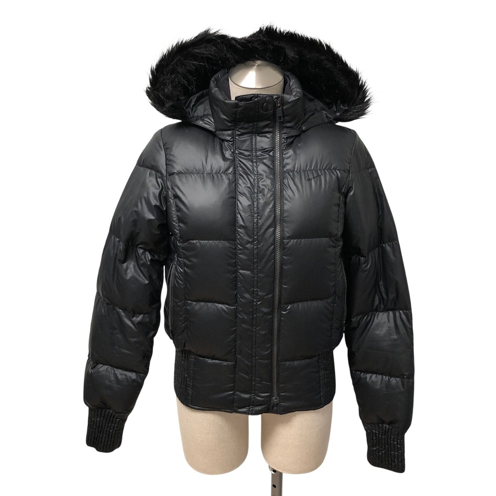 Nike Puffer Jacket Womens Small Black Faux Fur Hood Down Fill Gorpcore